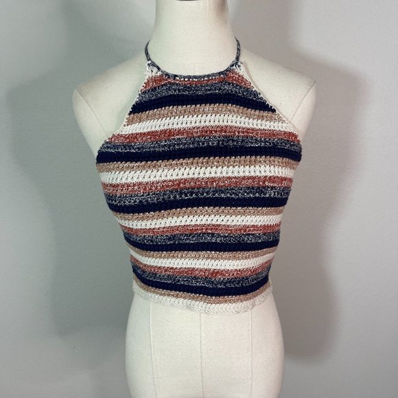 Unbranded Tops - Crochet Halter Top S Small Blue Red Stripe Bohemian Sweater Knit